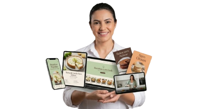Profissional apresentando e-books de receitas em múltiplos dispositivos